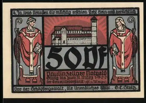 Notgeld Paulinzella 1922, 50 Pfennig, Kloster mit Ruine im Sonnenschein