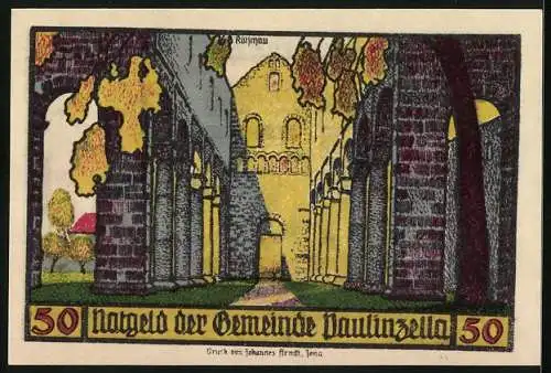 Notgeld Paulinzella 1922, 50 Pfennig, Kloster mit Ruine im Sonnenschein