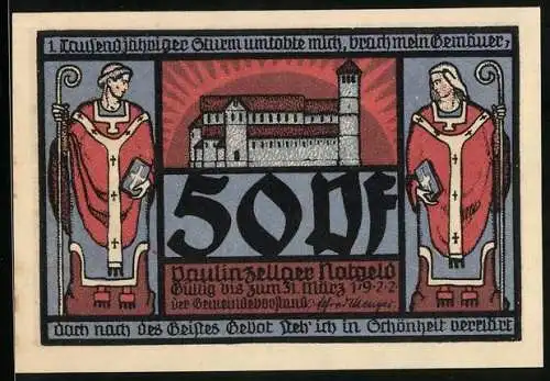 Notgeld Paulinzella 1922, 50 Pfennig, Kloster mit Park und Bäumen