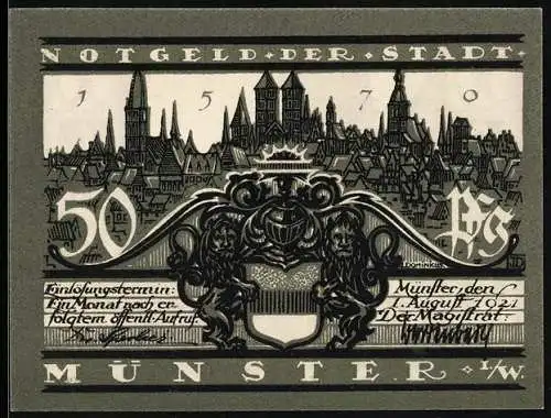 Notgeld Münster i. W. 1921, 50 Pfennig, Wappen und Blick auf Lamberti