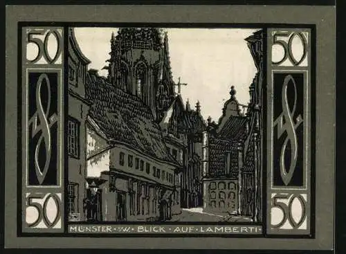 Notgeld Münster i. W. 1921, 50 Pfennig, Wappen und Blick auf Lamberti