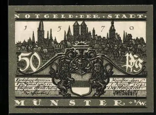 Notgeld Münster i. W. 1921, 50 Pfennig, Wappen und Schmisinger Hof