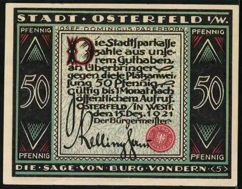 Notgeld Osterfeld i. W. 1921, 50 Pfennig, Szene aus der Sage von Burg Vondern