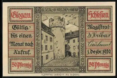 Notgeld Glogau 1920, 50 Pfennig, Der Hungerturm im Schlosshof