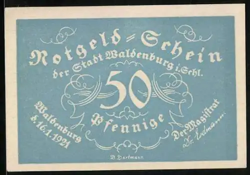 Notgeld Waldenburg 1921, 50 Pfennig, Frauenfigur mit Harfe