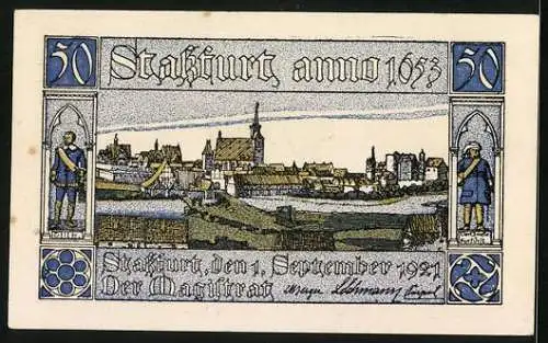 Notgeld Stassfurt 1921, 50 Pfennig, Wappen und Stadtansicht 1653