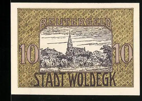 Notgeld Woldegk 1922, 10 Pfennig, Teilansicht mit Kirche und Gesamtansicht