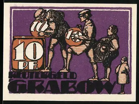 Notgeld Grabow 1921, 10 Pfennig, Pferdekarren und Menschen mit Abgaben