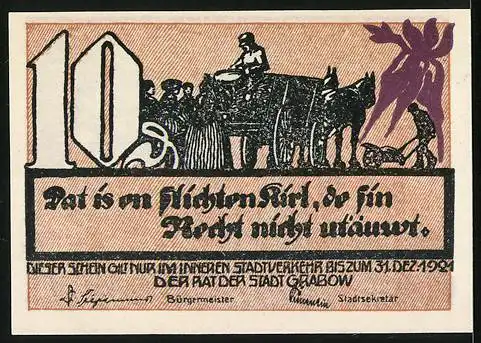 Notgeld Grabow 1921, 10 Pfennig, Pferdekarren und Menschen mit Abgaben