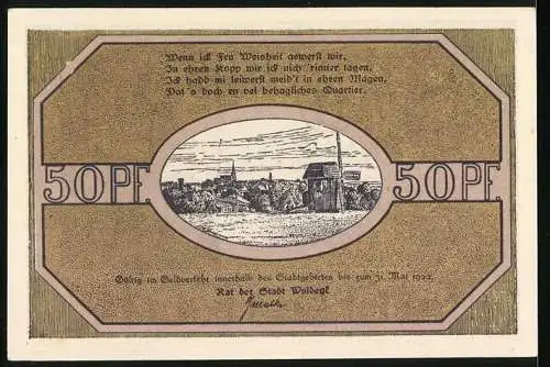 Notgeld Woldegk 1922, 50 Pfennig, Windmühle und Strassenpartie mit Kirche