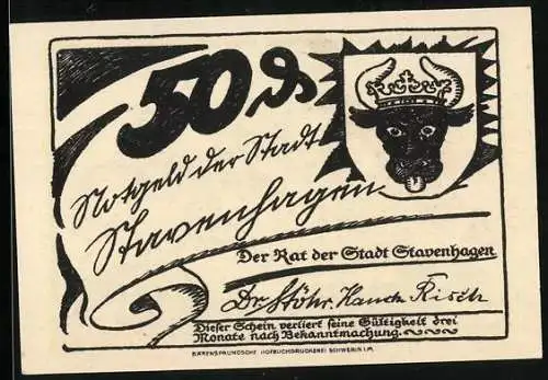 Notgeld Stavenhagen, 50 Pfennig, Wappen und Mann im Fass