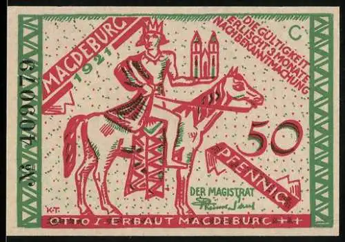 Notgeld Magdeburg 1921, 50 Pfennig, Otto I und die Magdeburger Halbkugeln