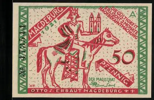 Notgeld Magdeburg 1921, 50 Pfennig, Otto I und Alt-Magdeburg an Elbestrand