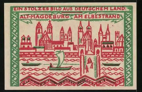 Notgeld Magdeburg 1921, 50 Pfennig, Otto I und Alt-Magdeburg an Elbestrand