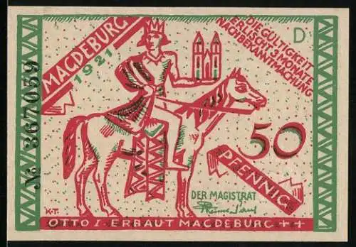 Notgeld Magdeburg 1921, 50 Pfennig, Otto I und Magdeburg der Zukunft