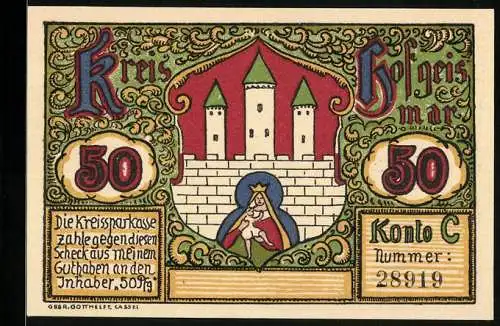 Notgeld Hofgeismar, 50 Pfennig, Blick auf die Burg Trendelbergk