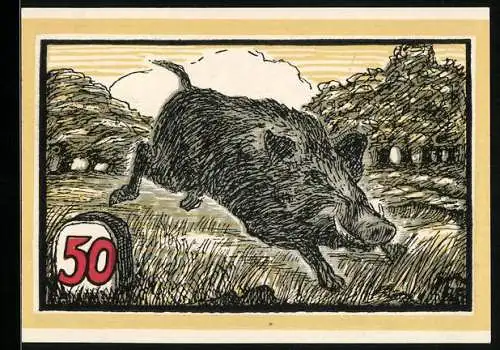 Notgeld Hofgeismar, 50 Pfennig, Ein Wildschwein auf der Lichtung