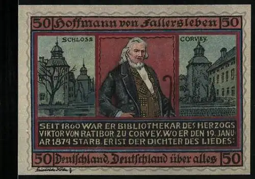 Notgeld Höxter 1921, 50 Pfennig, Schlosss Corvey, Hoffmann von Fallersleben