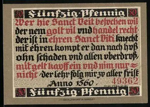Notgeld Höxter 1921, 50 Pfennig, Sanct Veit Text