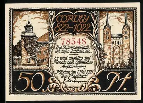 Notgeld Höxter 1921, 50 Pfennig, Corvey 822-1922, Hoffmann von Fallersleben