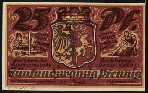 Notgeld Hirschberg /Saale 1921, 25 Pfennig, Eingang der Saale ins Thüringerland