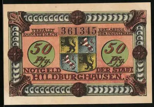 Notgeld Hildburghausen 1921, 50 Pfennig, Frau mit einem Notgeldschein