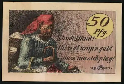 Notgeld Hildburghausen 1921, 50 Pfennig, Frau mit einem Notgeldschein
