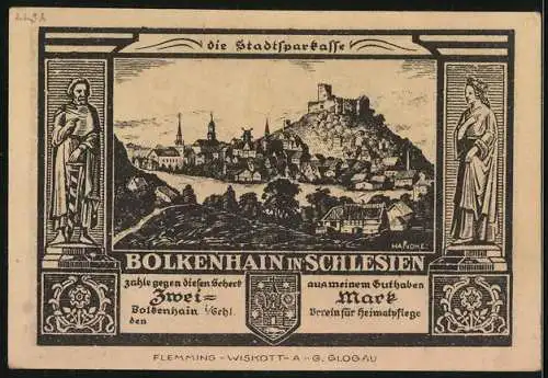 Notgeld Bolkenhain in Schlesien, 2 Mark, Ortsansicht mit der Burg, Denkmal
