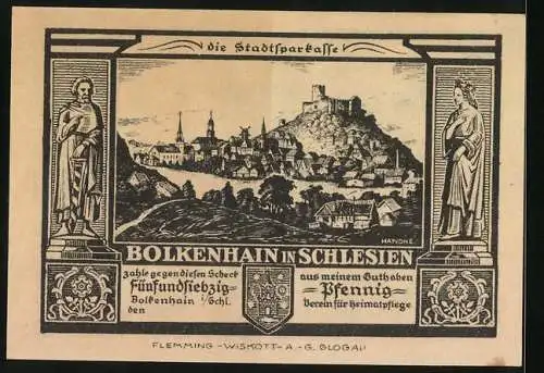Notgeld Bolkenhain in Schlesien, 75 Pfennig, Burg Nimmersatt, Wasserburg Kauder