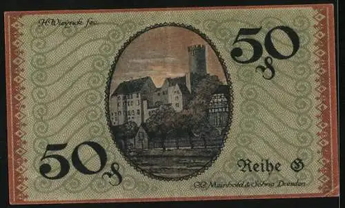 Notgeld Borna, 50 Pfennig, Ortsansicht mit Blick zur Burg