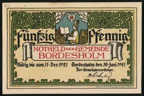 Notgeld Bordesholm 1921, 50 Pfennig, Mönche anno 1326