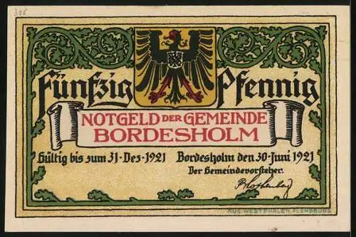 Notgeld Bordesholm 1921, 50 Pfennig, Linde mit riesiger Baumkrone