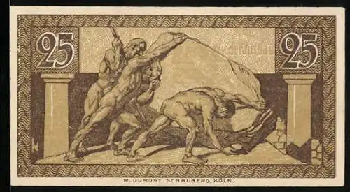 Notgeld Bonn 1921, 25 Pfennig, Drei Männer stemmen riesigen Stein