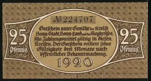 Notgeld Bonn 1921, 25 Pfennig, Drei Männer stemmen riesigen Stein