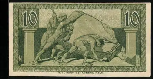 Notgeld Bonn 1921, 10 Pfennig, Männer bewegen riesigen Stein