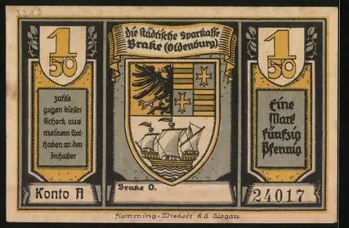 Notgeld Brake /Oldenburg, 1,50 Mark, Grab von Karl Rudolf Brommy