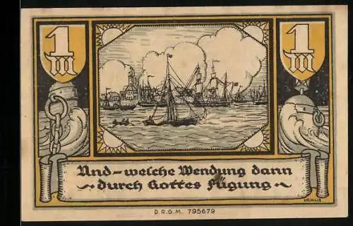 Notgeld Brake /Oldenburg, 1 Mark, Hafenpartie mit Fischerbooten