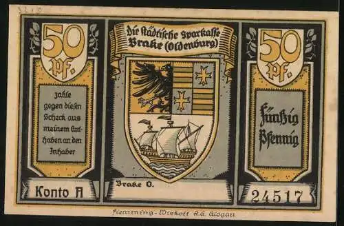 Notgeld Brake /Oldenburg, 50 Pfennig, Dampf-Korvette Erzherzog Johann im Trockendock