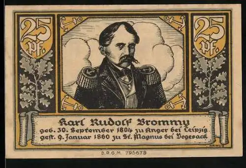 Notgeld Brake /Oldenburg, 25 Pfennig, Karl Rudolf Brommy in Uniform