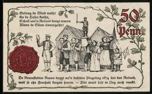 Notgeld Bad Bramstedt 1920, 50 Pfennig, Bauern tanzen um den Roland, Pfingsten 1674