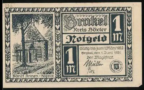 Notgeld Brakel /Höxter 1921, 1 Mark, Sanct Annen-Kapelle