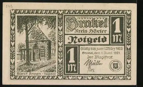Notgeld Brakel /Höxter 1921, 1 Mark, Sanct Annen-Kapelle, Mäken von Brakel