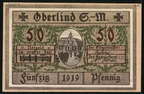 Notgeld Oberlind /S.-M. 1919, 50 Pfennig, Kirche mit Baum
