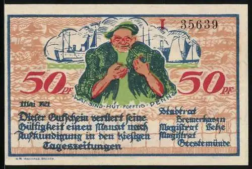 Notgeld Geestemünde 1921, 50 Pfennig, Fischer mit Tabakspfeife, Im Hintergrund Schiff und Boote