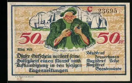 Notgeld Geestemünde 1921, 50 Pfennig, Fischer mit Tabakspfeife, Im Hintergrund Schiff und Boote