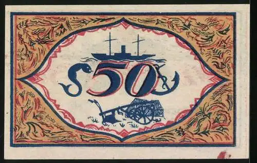 Notgeld Geestemünde 1921, 50 Pfennig, Fischer mit Tabakspfeife, Im Hintergrund Schiff und Boote