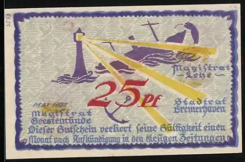 Notgeld Geestemünde 1921, 25 Pfennig, Schiff und Leuchtturm