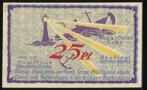 Notgeld Geestemünde 1921, 25 Pfennig, Schiff, Kran und Hochhaus mit Wappen