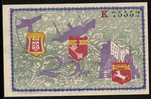 Notgeld Geestemünde 1921, 25 Pfennig, Schiff, Kran und Hochhaus mit Wappen