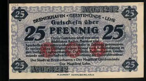 Notgeld Geestemünde, 25 Pfennig, Schiff, Wappen